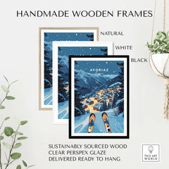 Avoriaz Poster - Winter Chalets Print | French Ski Home Decor framed in natural, white, and black handmade wooden frames.