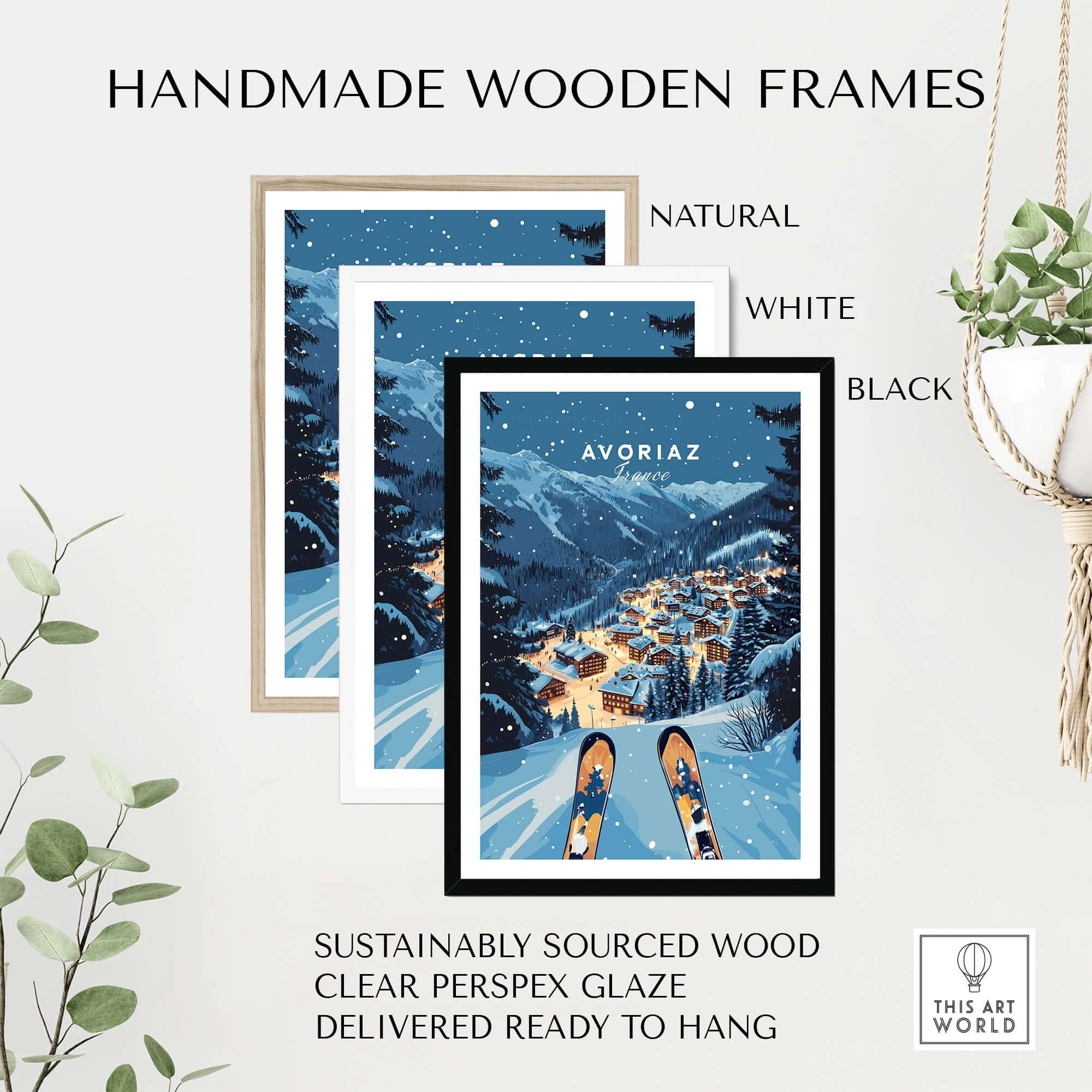 Avoriaz Poster - Winter Chalets Print | French Ski Home Decor framed in natural, white, and black handmade wooden frames.