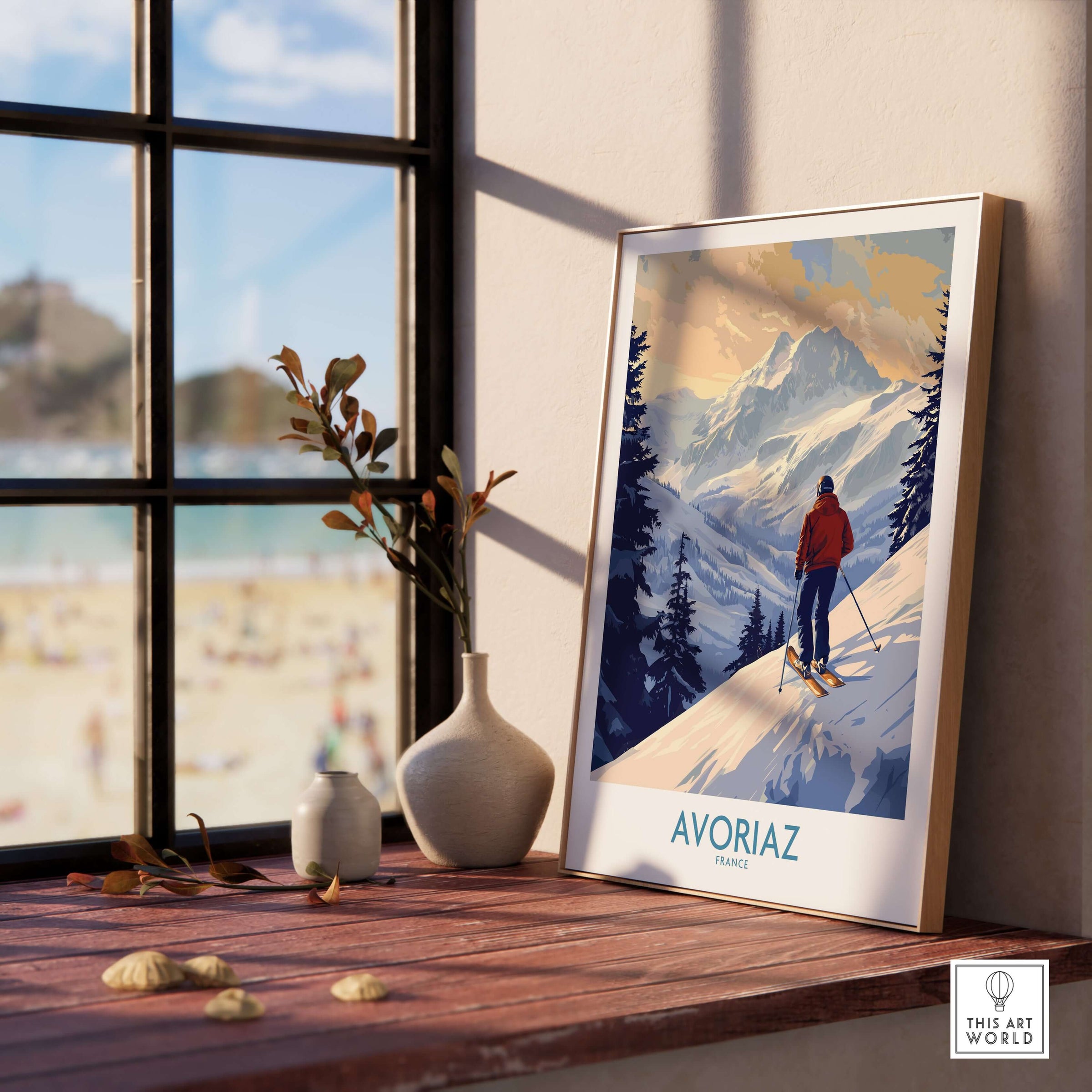 Avoriaz Ski Poster France showcased on a wooden table with a view of mountains and beach, ideal for ski lovers.