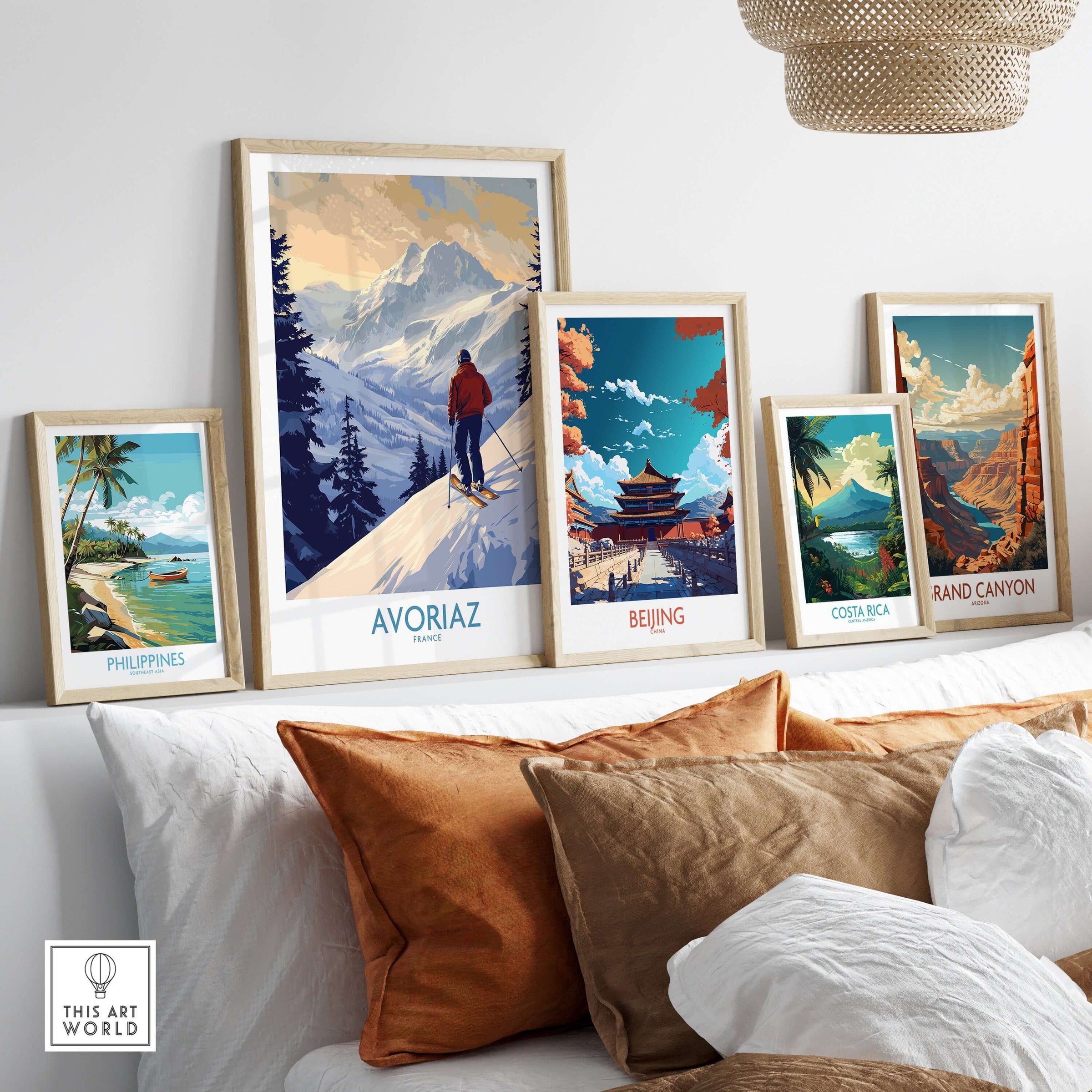 Avoriaz Ski Poster France displayed among travel posters in a stylish living room setting.