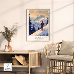 Avoriaz Ski Poster France displayed in a cozy room, showcasing winter sports and alpine scenery.