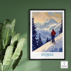 Avoriaz Ski Poster France showcasing a skier in the French Alps, surrounded by stunning snowy mountains.