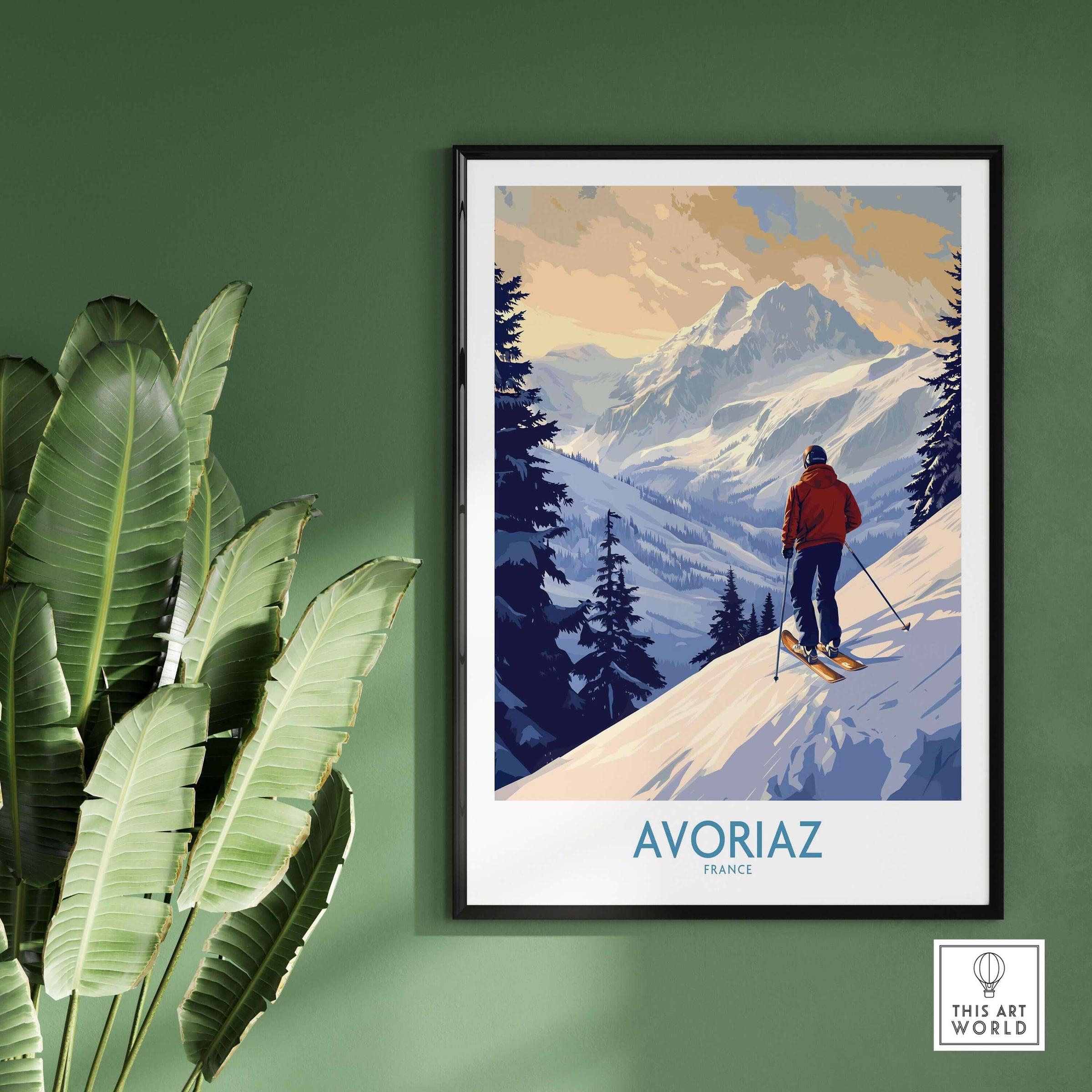 Avoriaz Ski Poster France showcasing a skier in the French Alps, surrounded by stunning snowy mountains.