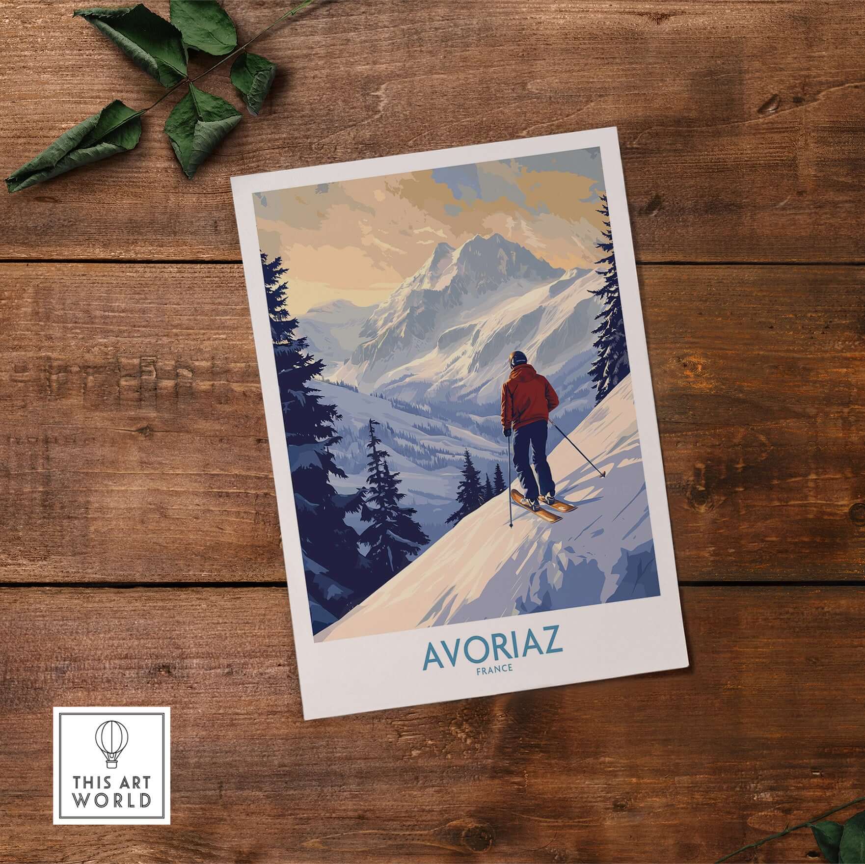 Avoriaz Ski Poster France showcasing a skier in the picturesque French Alps with stunning mountain scenery.