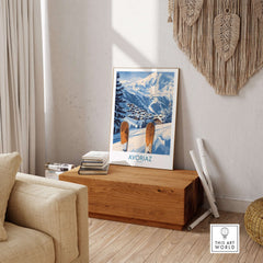 Avoriaz Ski Poster France Print showcasing a snowy scene with skis in a cozy interior setting.