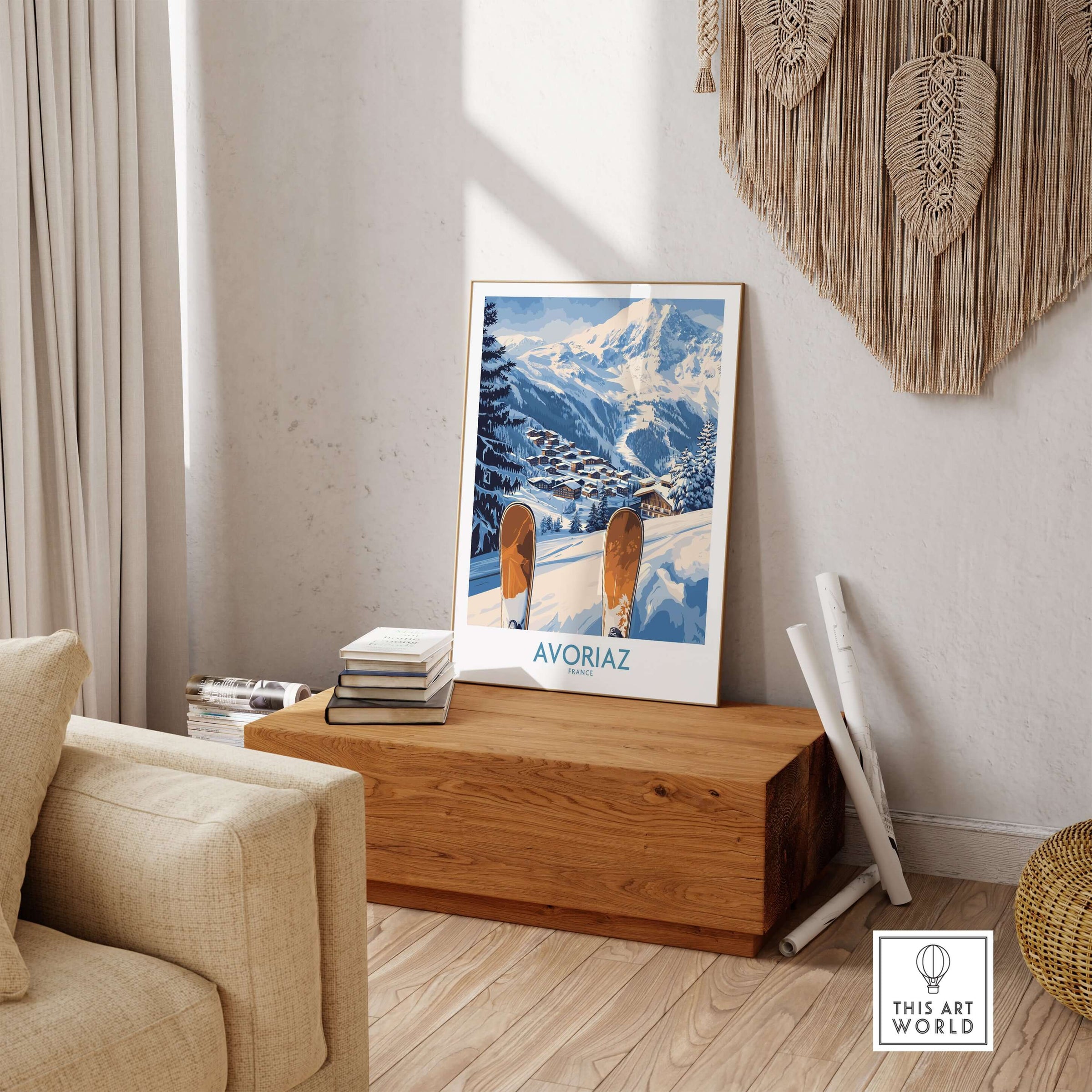 Avoriaz Ski Poster France Print showcasing a snowy scene with skis in a cozy interior setting.