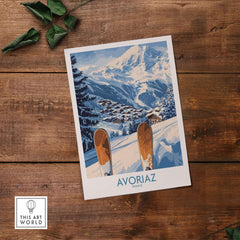 Avoriaz Ski Poster France Print showcasing the ski village and snowy slopes of the French Alps.