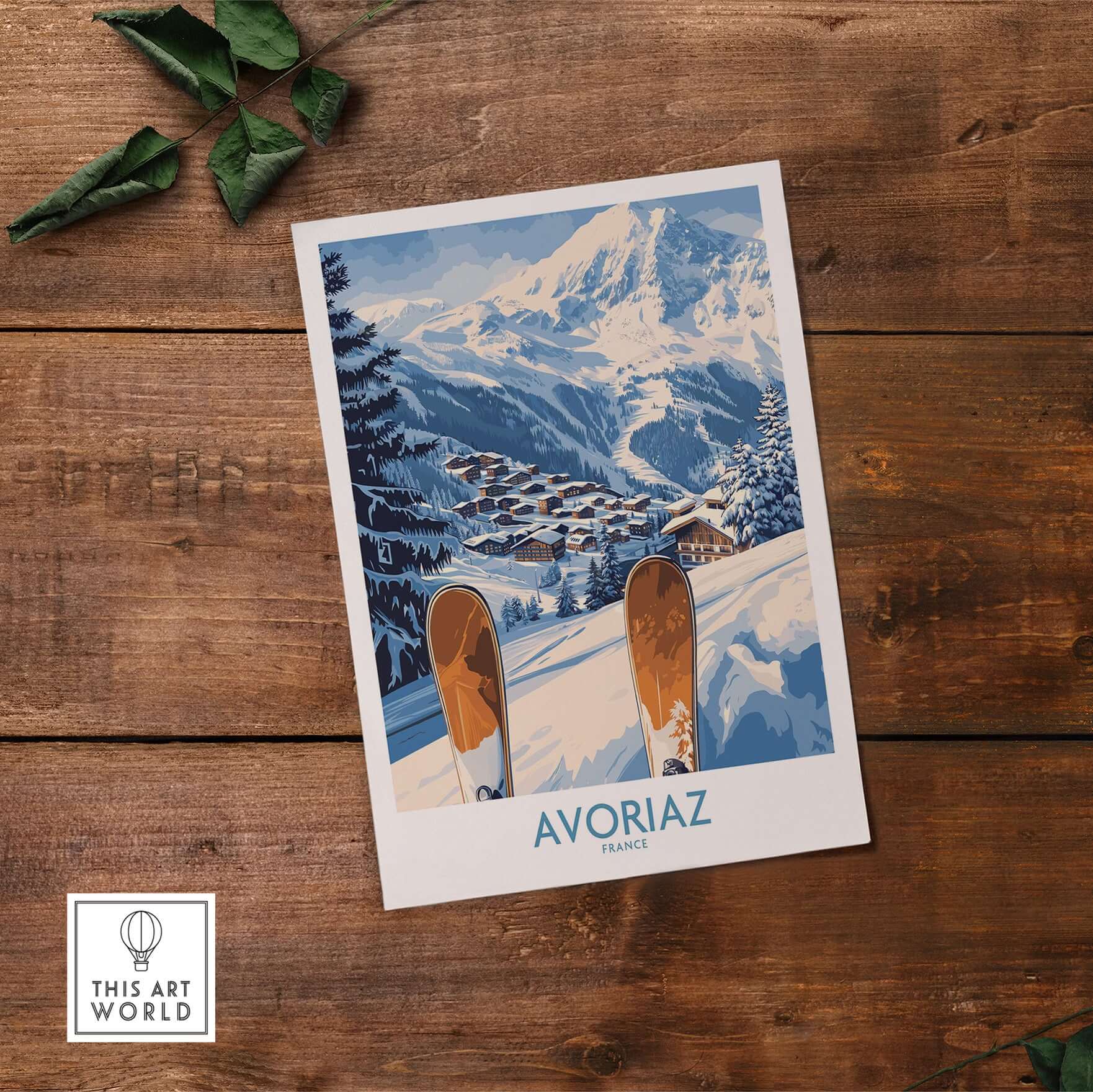 Avoriaz Ski Poster France Print showcasing the ski village and snowy slopes of the French Alps.