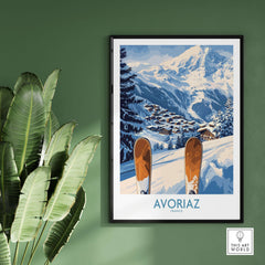 Avoriaz Ski Poster France Print showcasing snowy Alps and ski village, perfect for alpine decor.