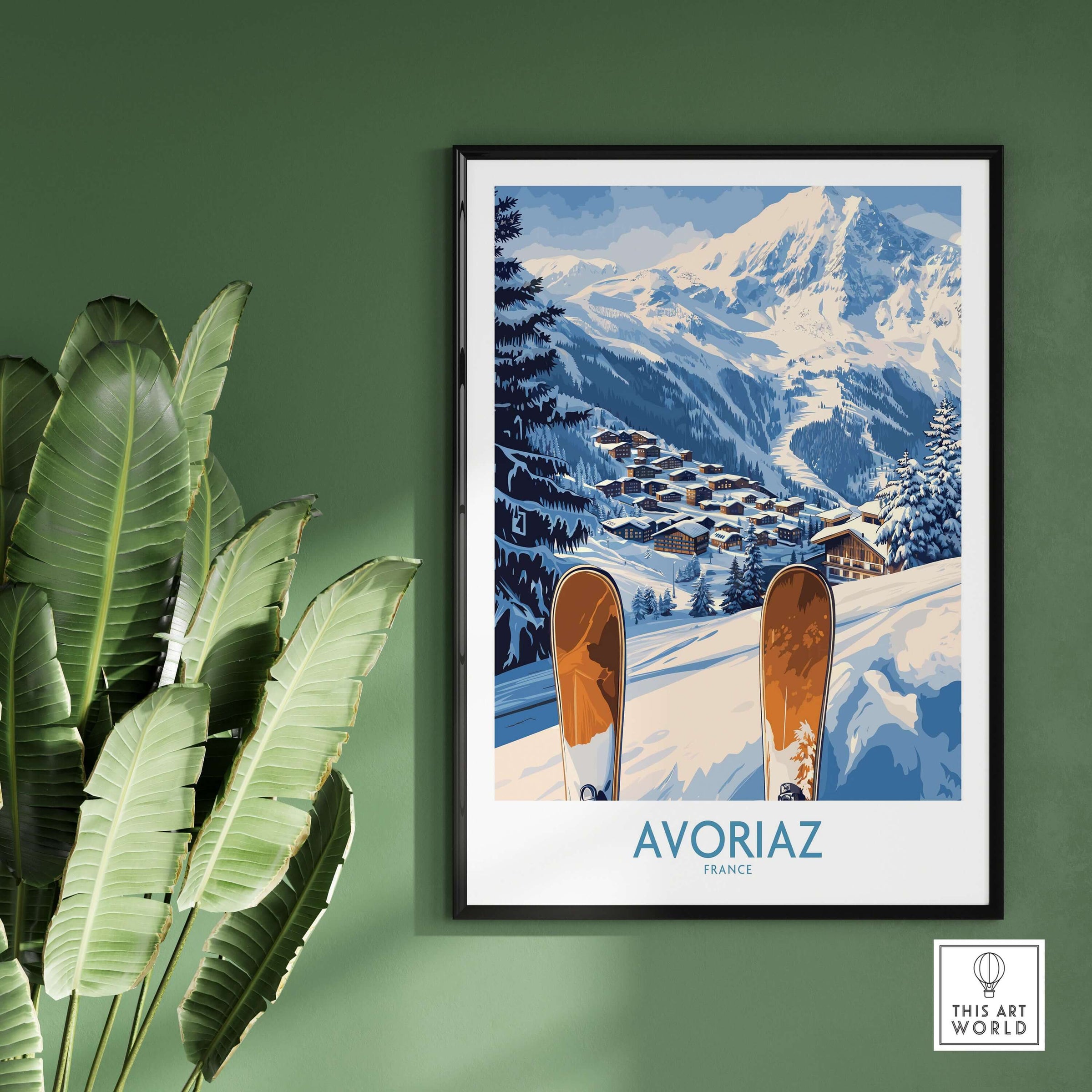 Avoriaz Ski Poster France Print showcasing snowy Alps and ski village, perfect for alpine decor.