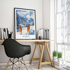 Avoriaz Ski Poster France Print featuring a ski village scene in a modern interior setting.