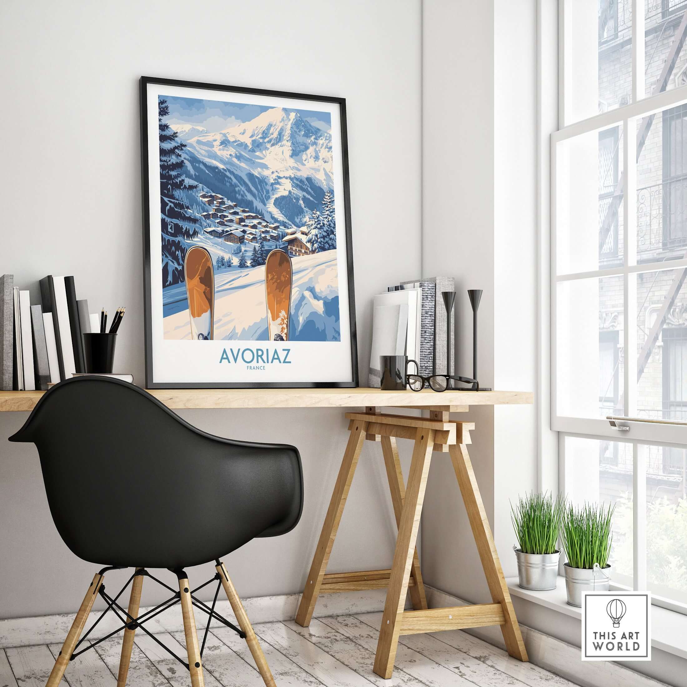 Avoriaz Ski Poster France Print featuring a ski village scene in a modern interior setting.