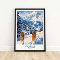 Avoriaz Ski Poster France Print showcasing a vibrant ski village in the French Alps with snowy slopes.