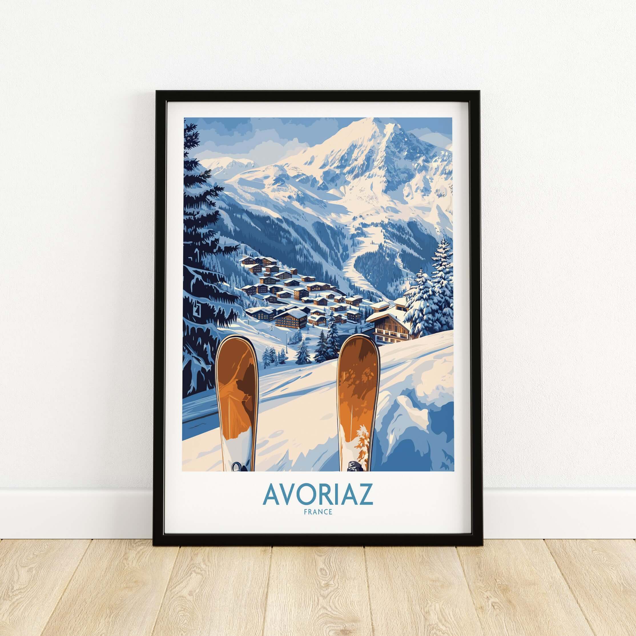 Avoriaz Ski Poster France Print showcasing a vibrant ski village in the French Alps with snowy slopes.