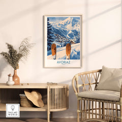 Avoriaz Ski Poster France Print showcasing snowy mountains and ski slopes in a cozy living room setting.