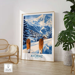 Avoriaz Ski Poster France Print showcasing a ski village in the French Alps with snowy mountains and vibrant artwork.