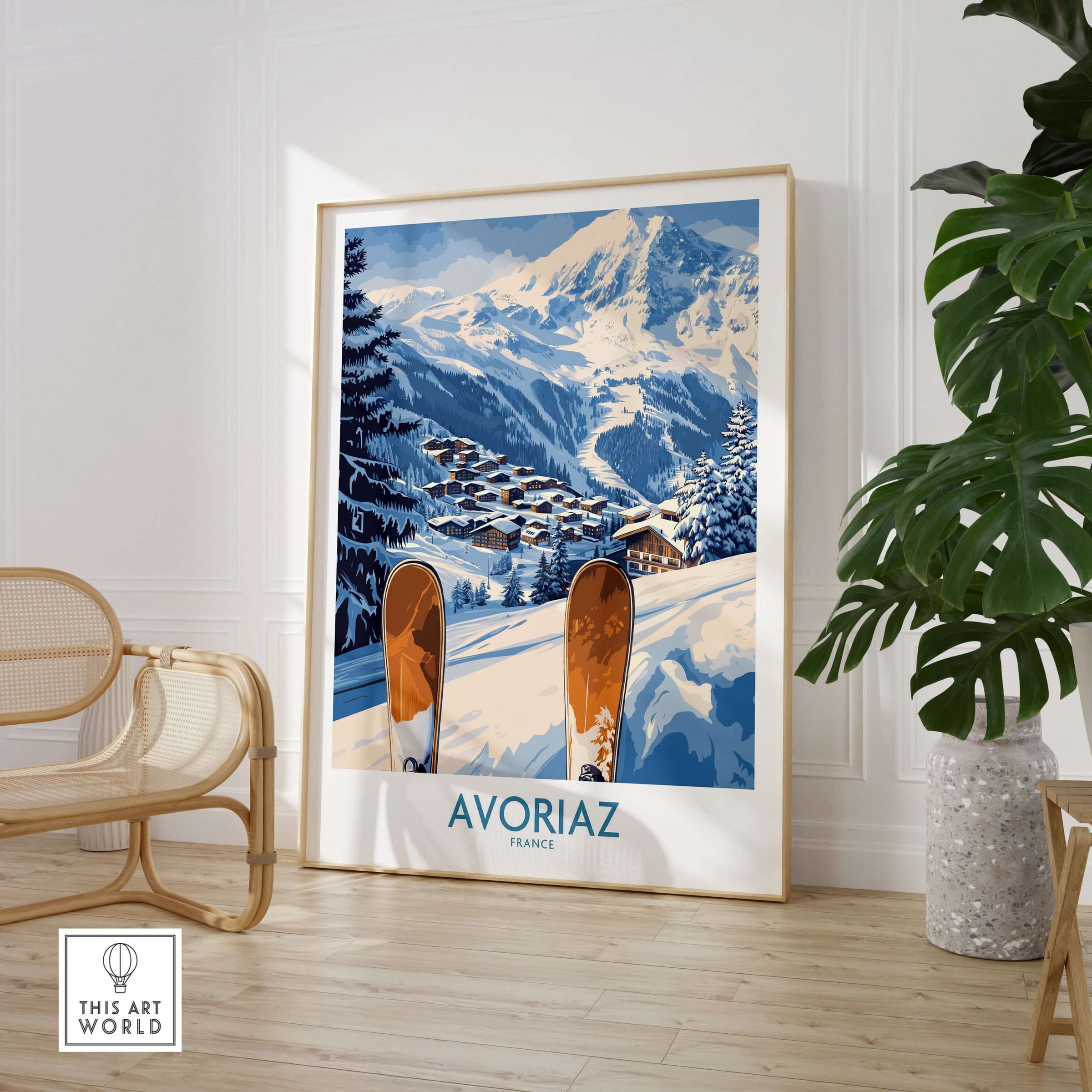 Avoriaz Ski Poster France Print showcasing a ski village in the French Alps with snowy mountains and vibrant artwork.