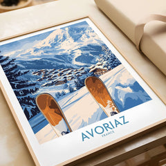 Avoriaz Ski Poster France Print featuring snowy mountains and ski equipment, perfect for alpine decor enthusiasts.