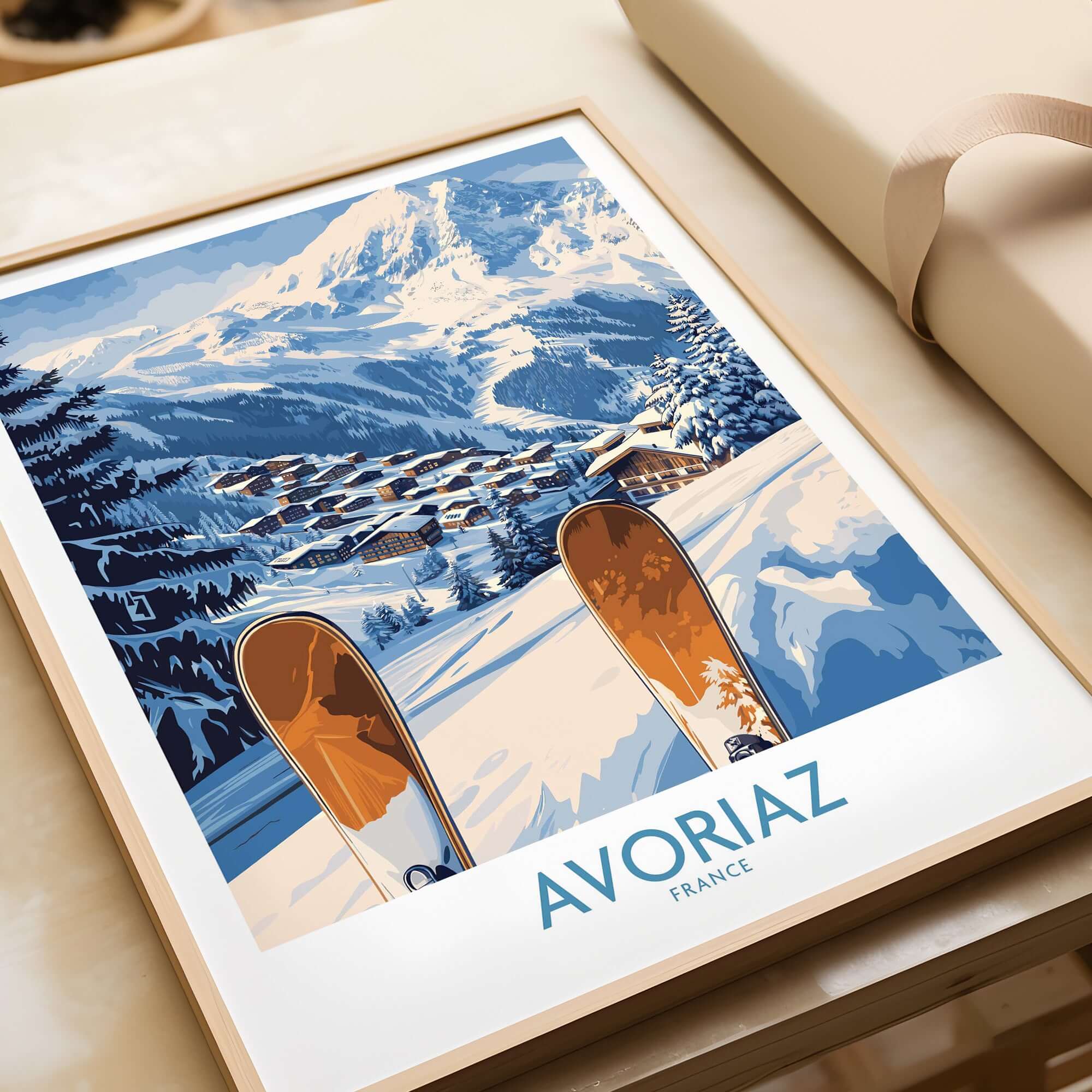 Avoriaz Ski Poster France Print featuring snowy mountains and ski equipment, perfect for alpine decor enthusiasts.