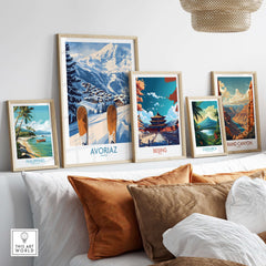 Avoriaz Ski Poster France Print displayed among other travel posters on a stylish shelf.