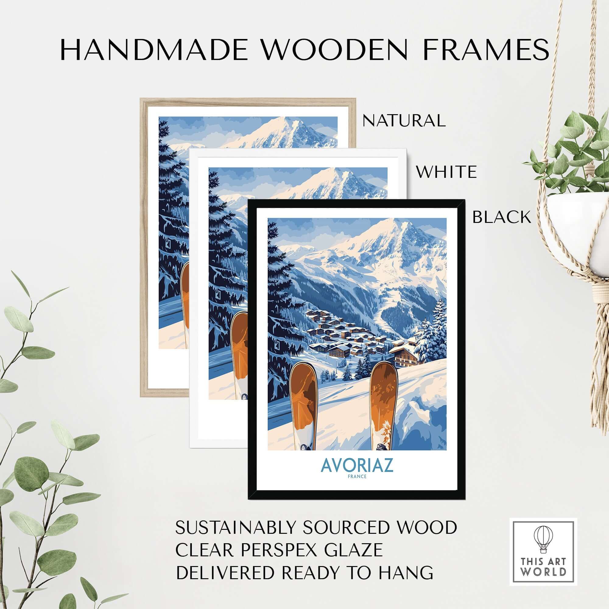 Avoriaz Ski Poster France Print displayed in black, white, and natural handmade wooden frames.