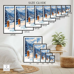 Avoriaz Ski Poster France Print size guide showing various frame dimensions for artwork.