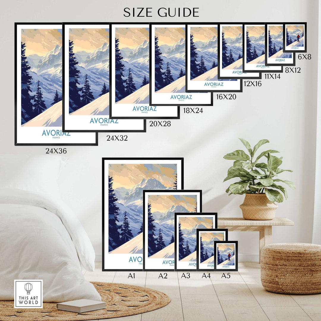 Avoriaz Ski Poster France size guide showing various frame sizes and dimensions options for wall art.