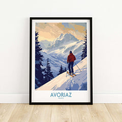 Avoriaz Ski Poster France showcasing a skier on a snowy slope with majestic mountains in the background.