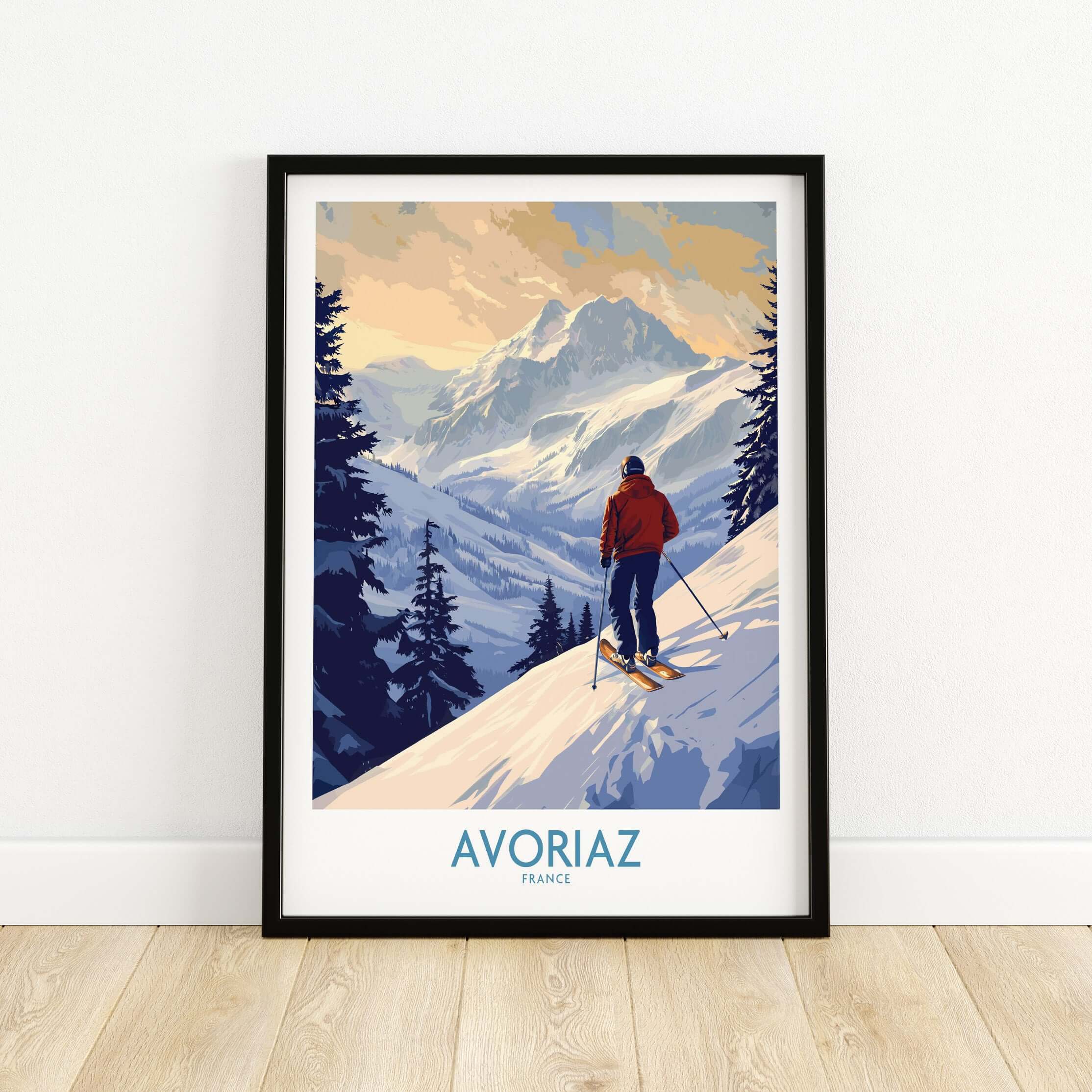 Avoriaz Ski Poster France showcasing a skier on a snowy slope with majestic mountains in the background.