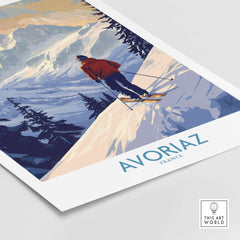 Avoriaz Ski Poster France featuring a skier on a snowy slope in the French Alps.