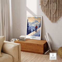 Avoriaz Ski Poster France showcasing a skier in the French Alps, perfect for winter sports enthusiasts.