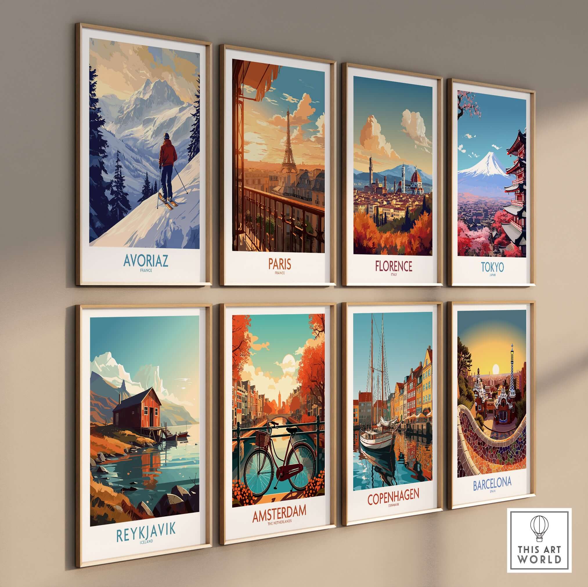 Avoriaz Ski Poster France featuring scenic ski artwork on display with other famous city prints.