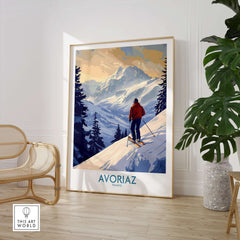 Avoriaz Ski Poster France showcasing a skier in the French Alps, capturing the essence of winter sports and alpine beauty.