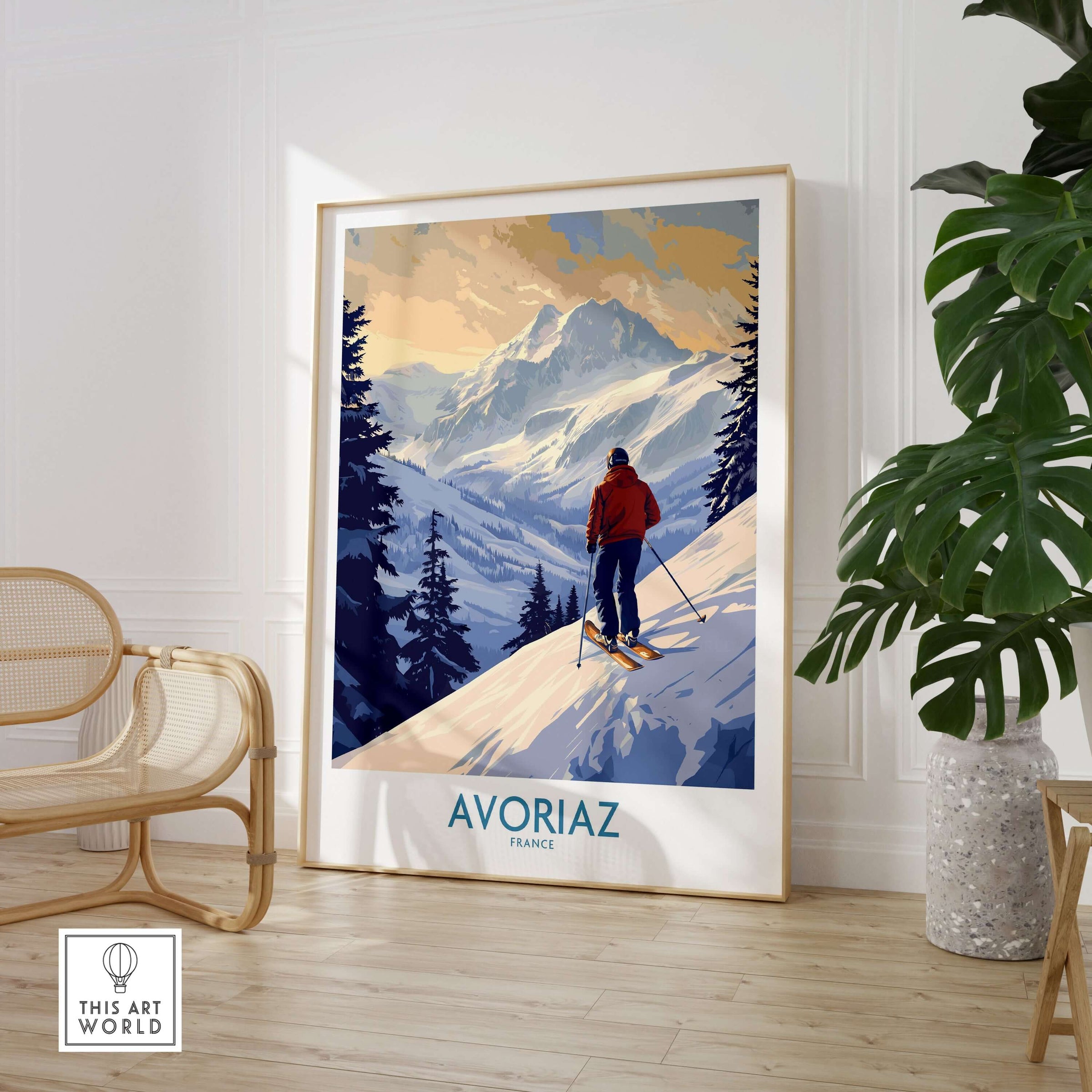 Avoriaz Ski Poster France showcasing a skier in the French Alps, capturing the essence of winter sports and alpine beauty.