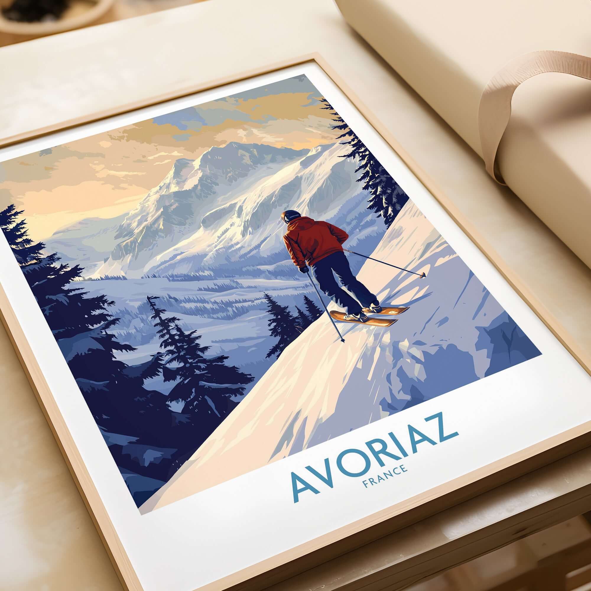 Avoriaz Ski Poster France showcasing a skier on a snowy slope amidst the French Alps, perfect for winter sports enthusiasts.