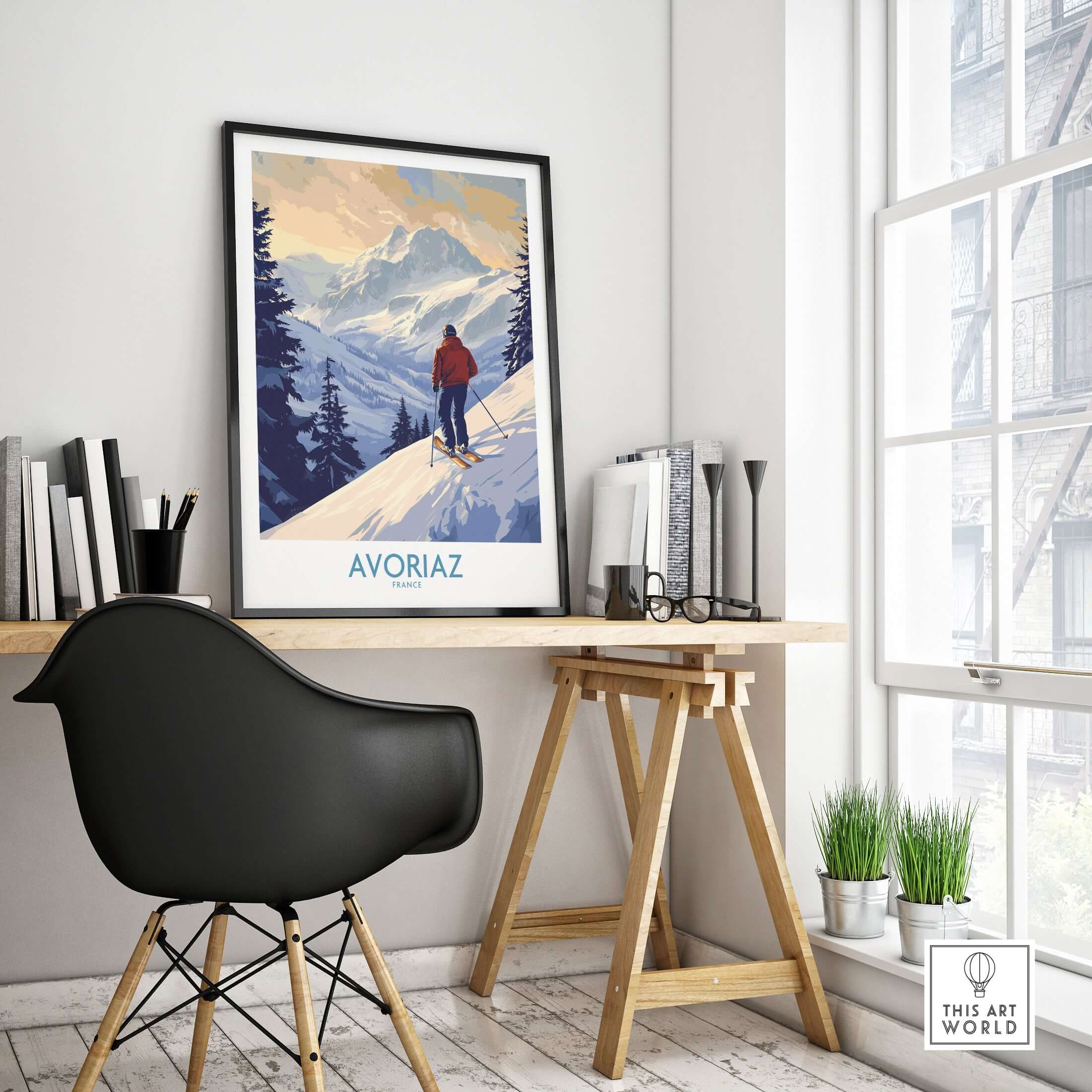 Avoriaz Ski Poster France displayed in a stylish room with modern decor, highlighting alpine beauty and winter sports.
