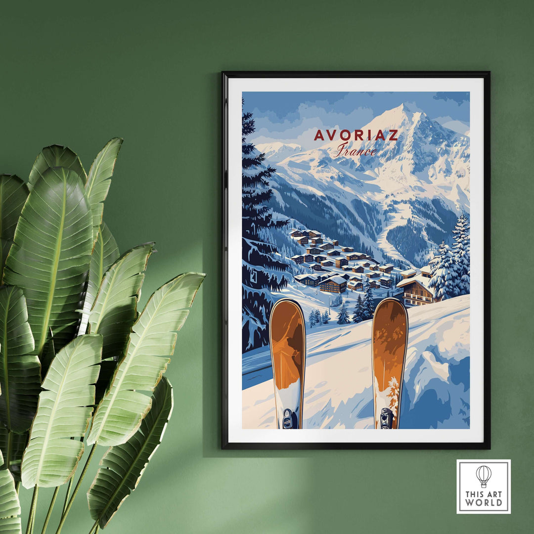 Avoriaz Ski Resort Print | French Alps Winter Wall Art showcasing snowy mountains and ski terrain decor.
