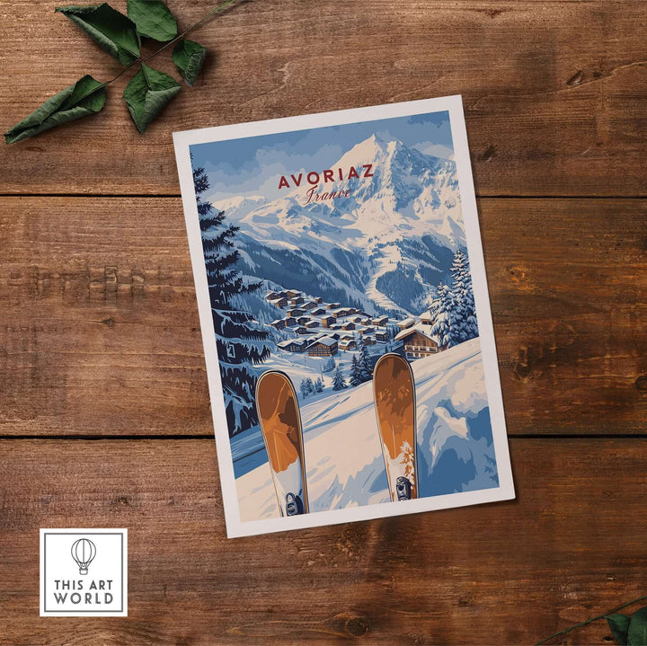 Avoriaz Ski Resort Print | French Alps Winter Wall Art featuring snowy mountains and ski gear.