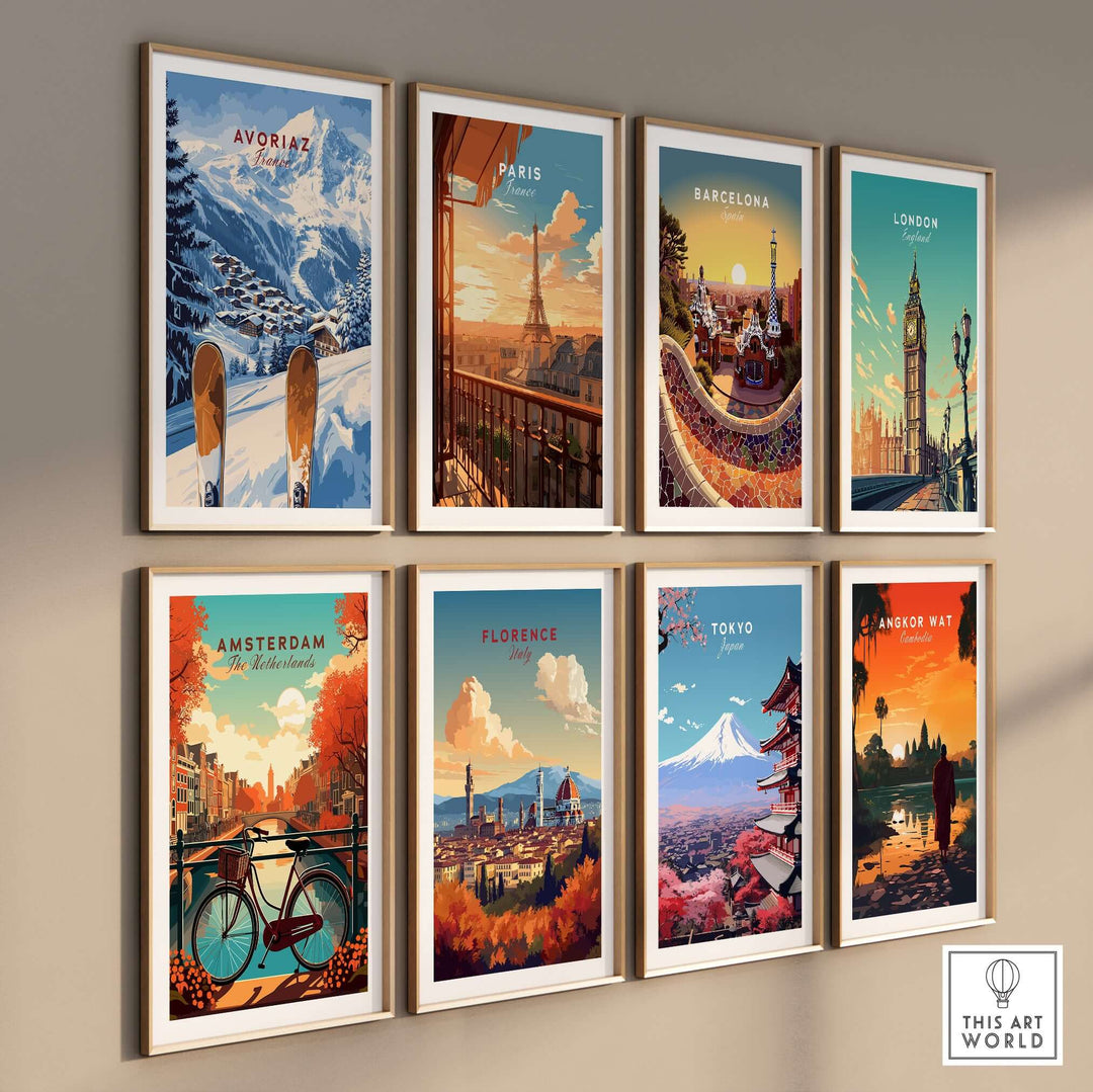 Avoriaz Ski Resort Print | French Alps Winter Wall Art featuring framed prints of various cities and landscapes.