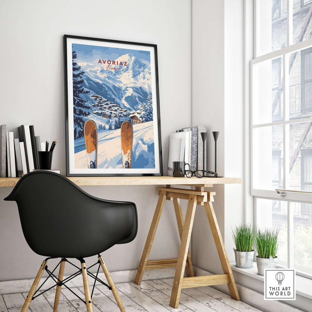 Avoriaz Ski Resort Print | French Alps Winter Wall Art showcased in a stylish interior setting.