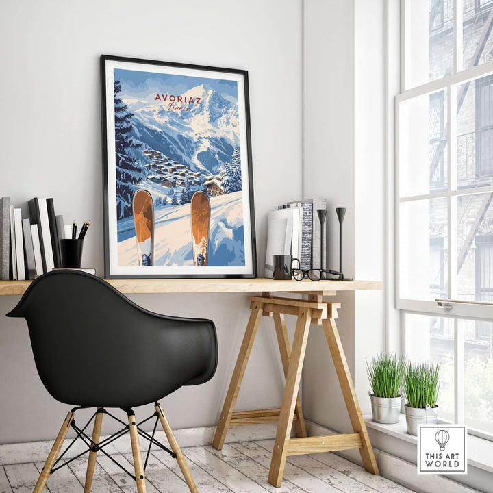 Avoriaz Ski Resort Print | French Alps Winter Wall Art showcased in a stylish interior setting.
