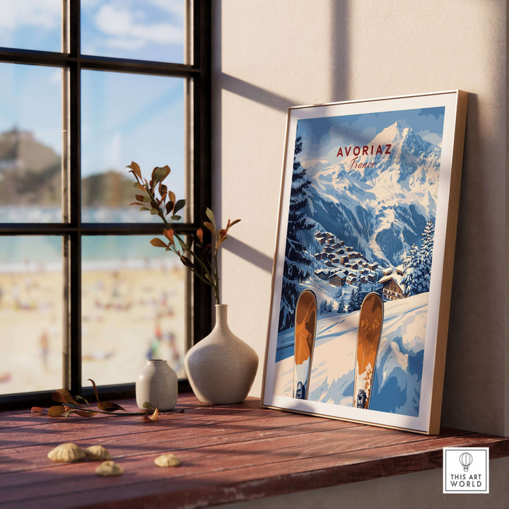 Avoriaz Ski Resort Print | French Alps Winter Wall Art displayed in a cozy home setting by a window.