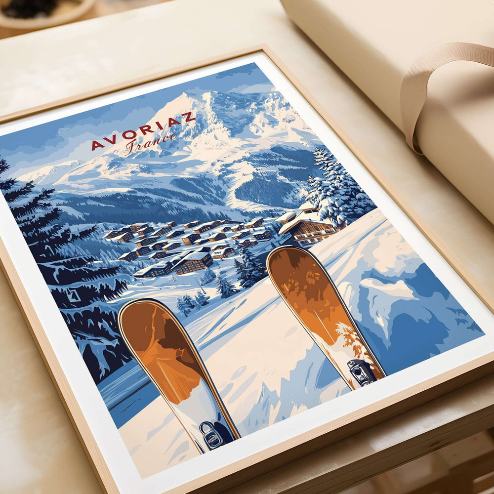 Avoriaz Ski Resort Print | French Alps Winter Wall Art featuring a ski scene with snowy mountains and ski equipment.
