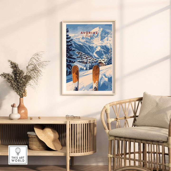 Avoriaz Ski Resort Print | French Alps Winter Wall Art displayed in a stylish living room with ski decor.