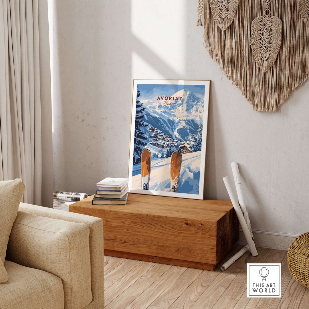 Avoriaz Ski Resort Print | French Alps Winter Wall Art displayed in a cozy living room setting.