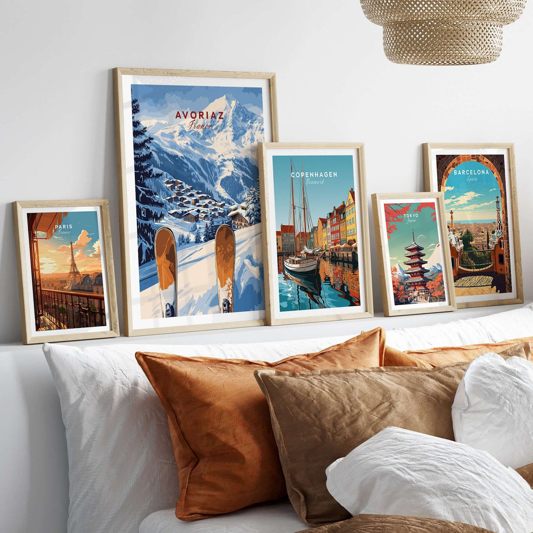 Avoriaz Ski Resort Print | French Alps Winter Wall Art displayed among other travel-themed prints on a stylish wall.