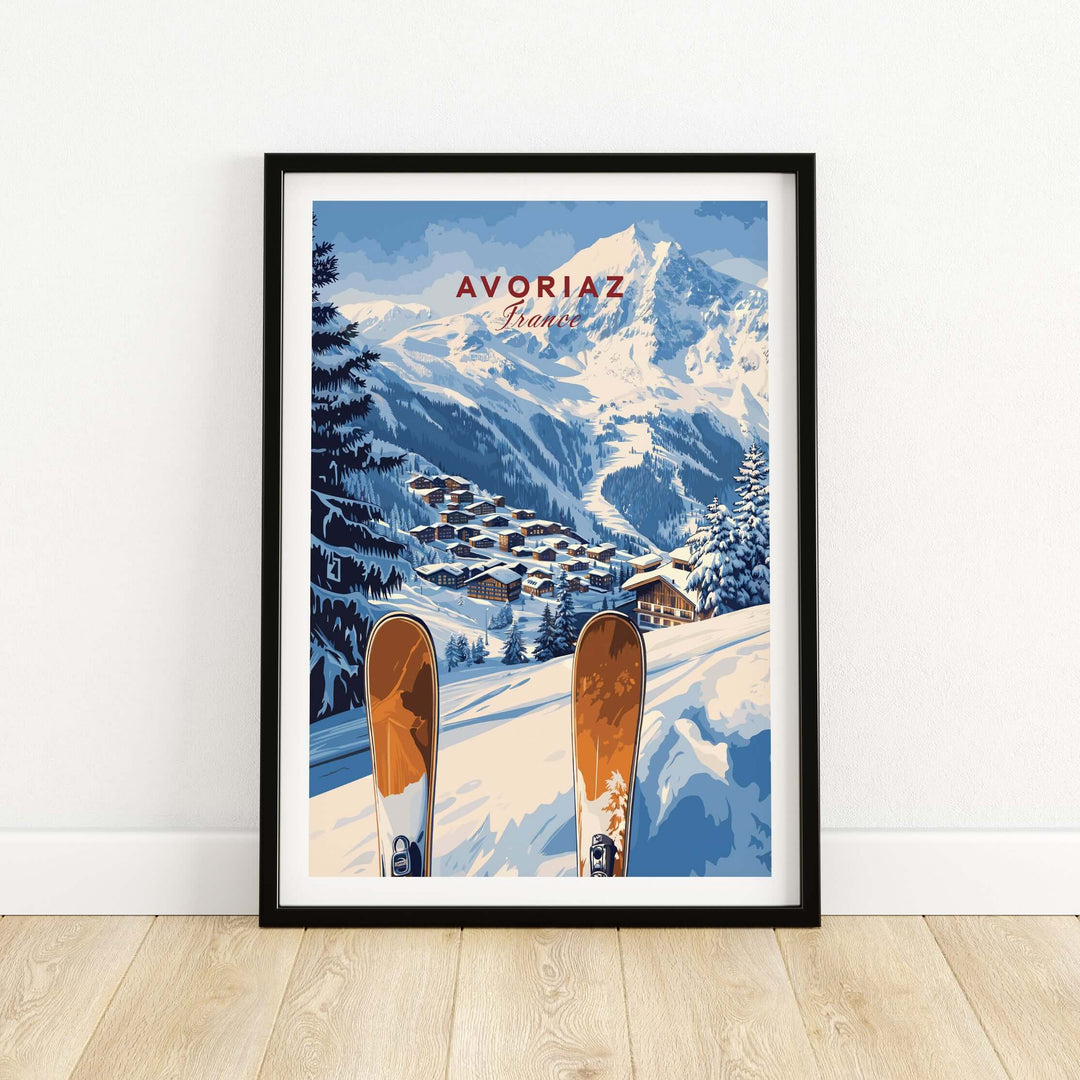 Avoriaz Ski Resort Print | French Alps Winter Wall Art showcasing snowy slopes and ski gear.