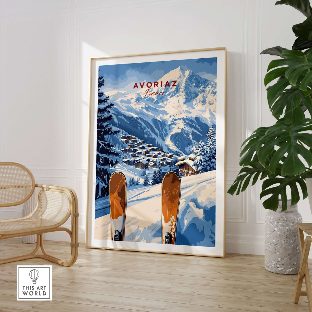 Avoriaz Ski Resort Print | French Alps Winter Wall Art featuring snowy mountains and skis in a stylish living room.