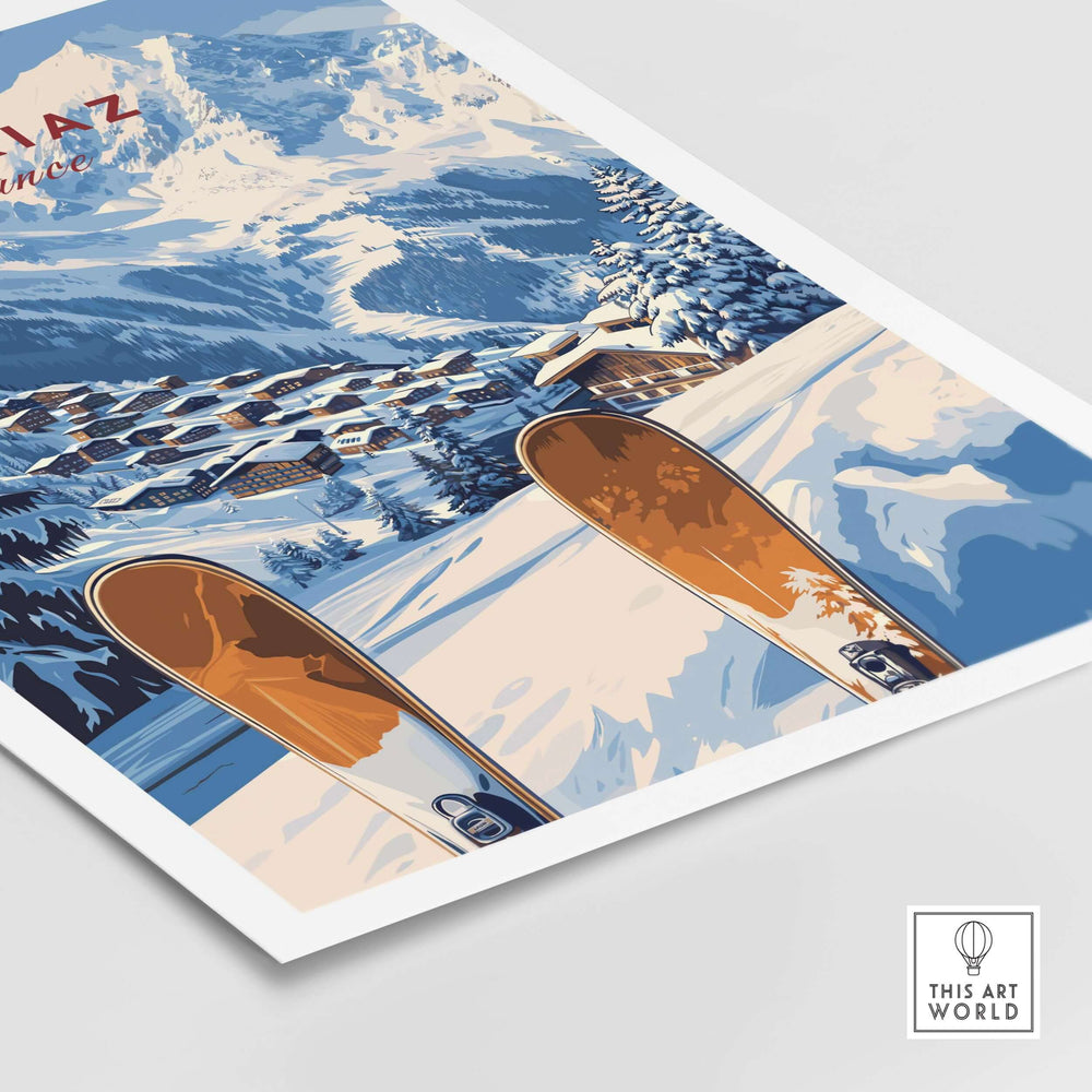 Avoriaz Ski Resort Print | French Alps Winter Wall Art featuring skis overlooking a snowy mountain landscape.