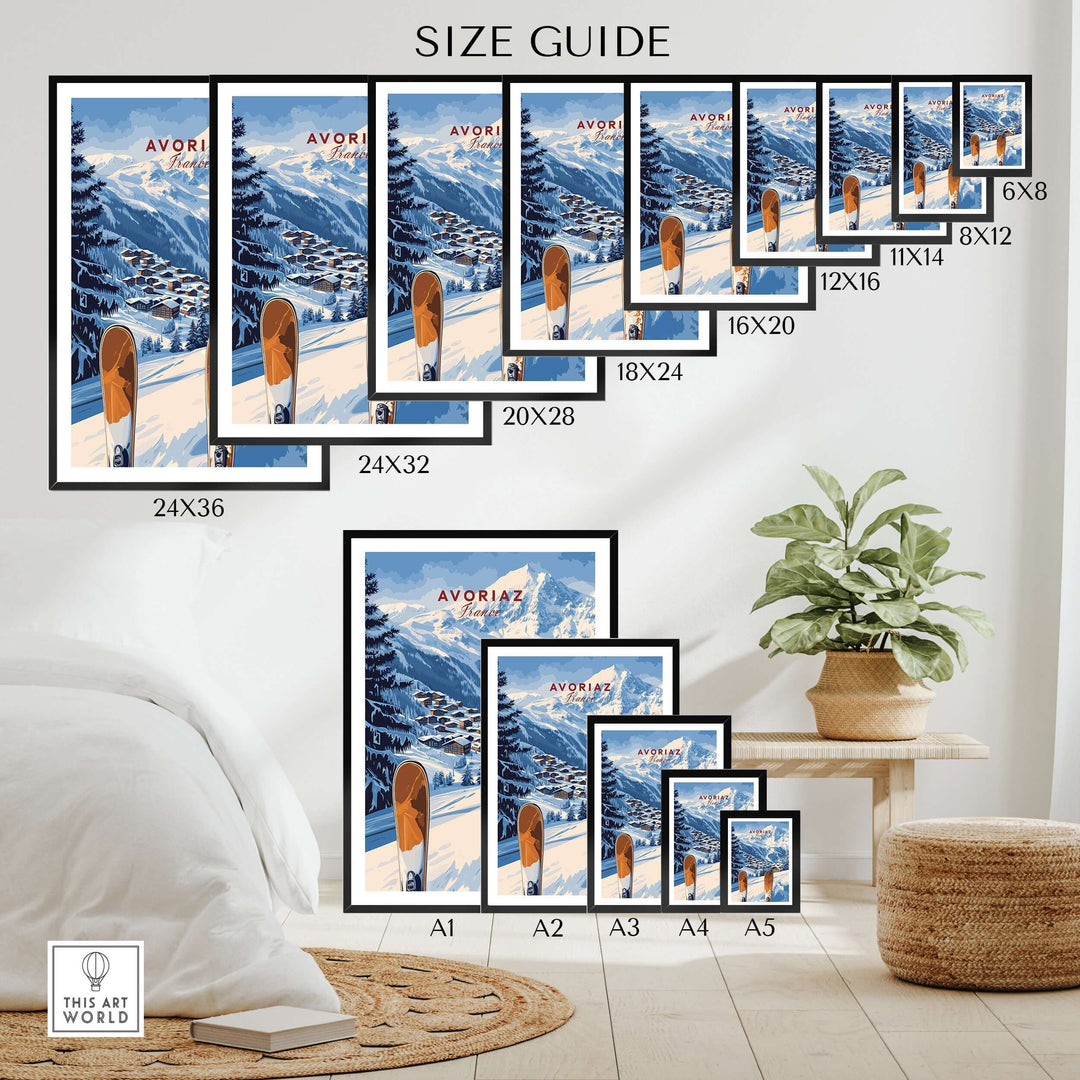 Avoriaz Ski Resort Print | French Alps Winter Wall Art size guide with various frame dimensions and decor setting.